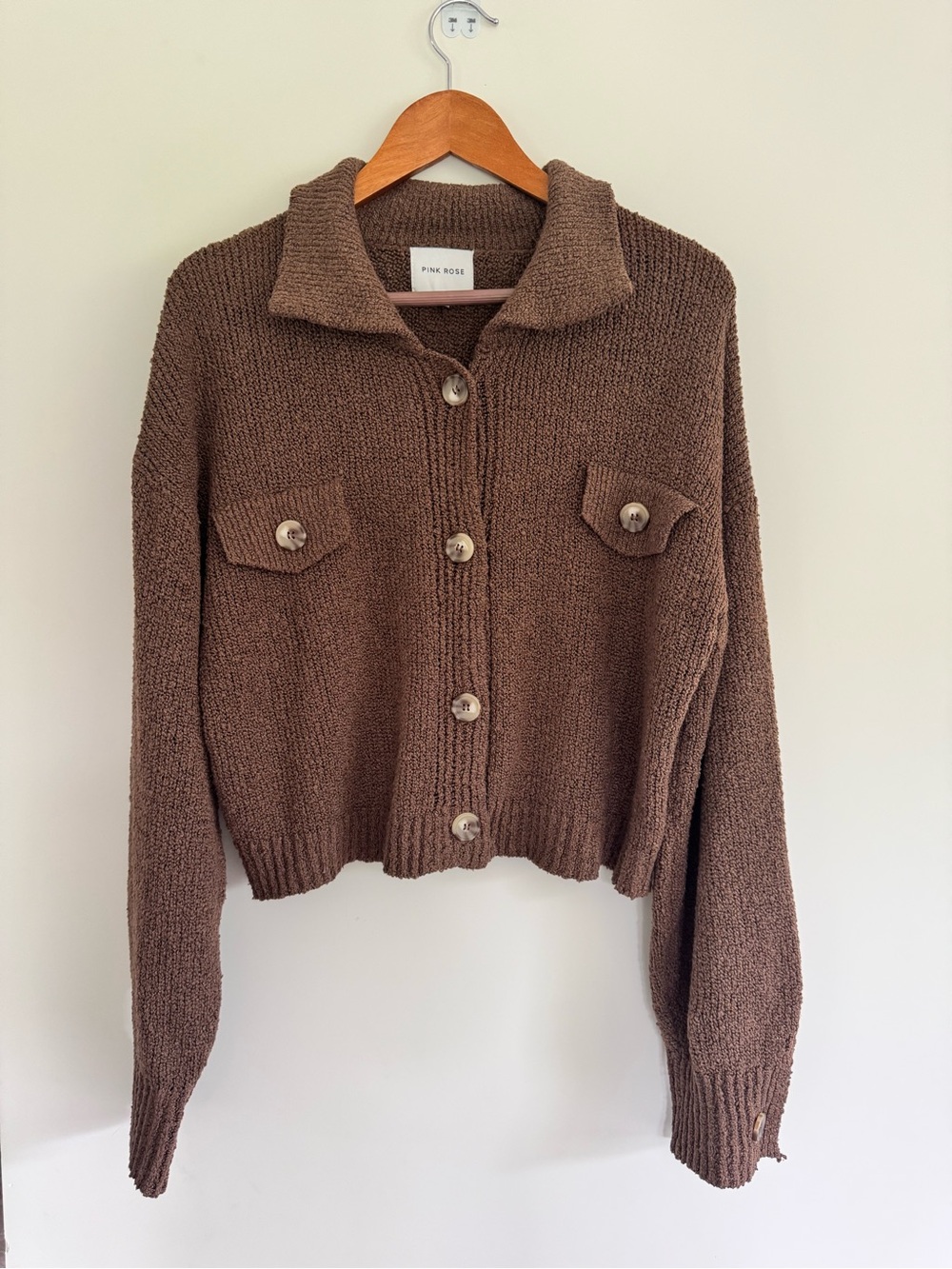 Pink Rose Chest-Pocket Brown Button-Up Knit Cardigan